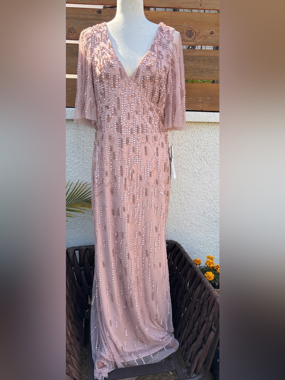 Aidan Mattox V-neck Flutter Sleeve Beaded Gown